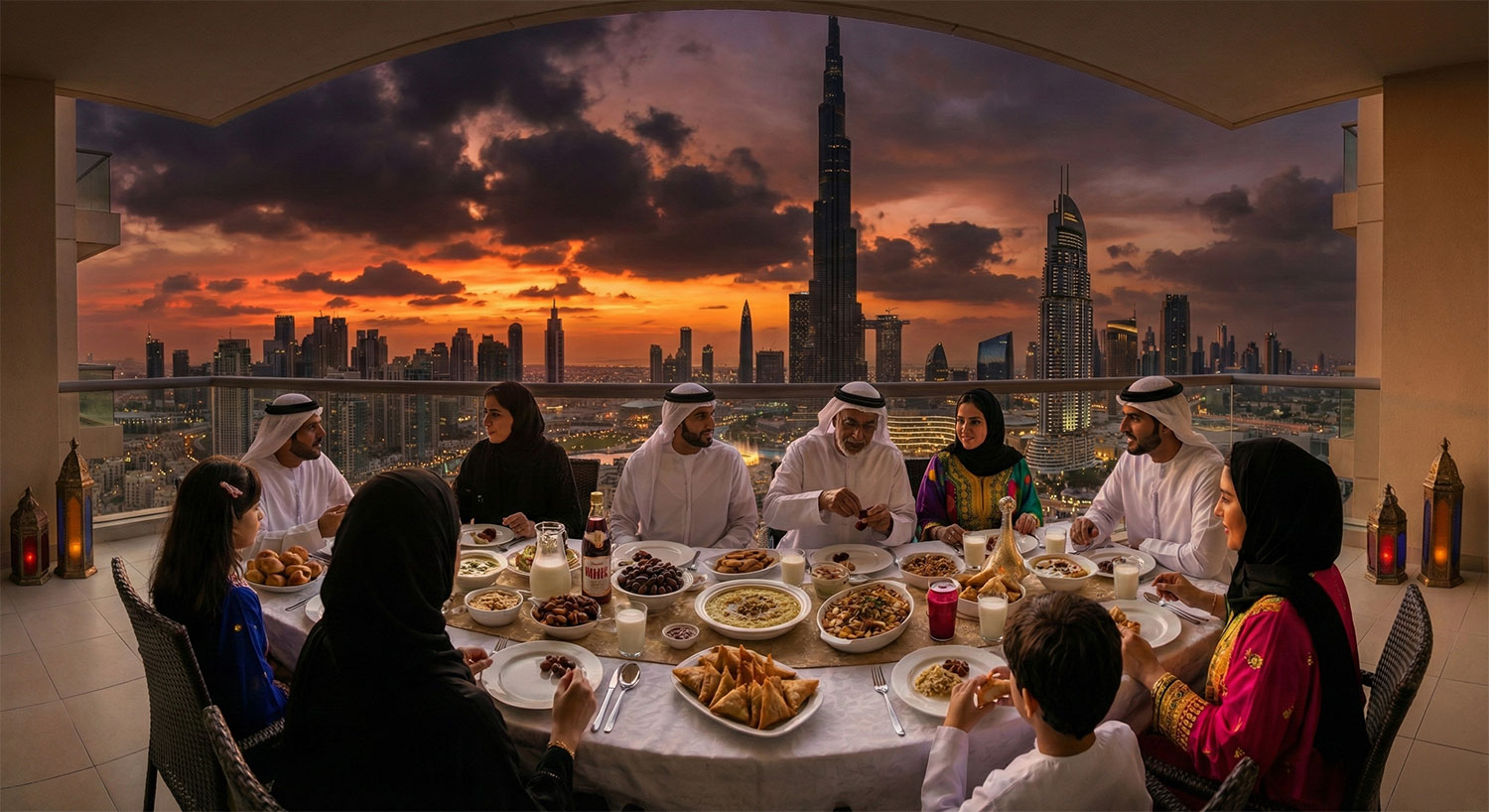 Multigenerational family in traditional Middle Eastern attire gathered around a table with a variety of dishes on a balcony, with a city skyline and sunset in the background.