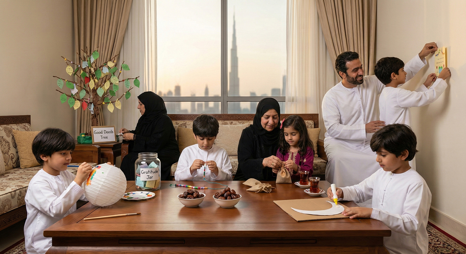 Middle Eastern family sharing a meal at a table with grilled chicken, salad, soup, fruit, dates, and bread, during sunset