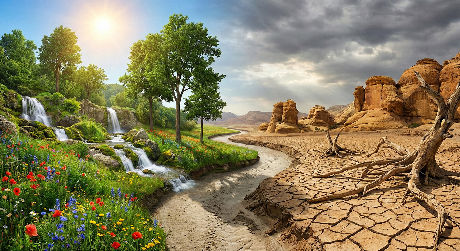 Landscape split between lush green meadow with waterfalls and colorful flowers on the left, and cracked dry desert with dead trees and rock formations under a cloudy sky on the right.