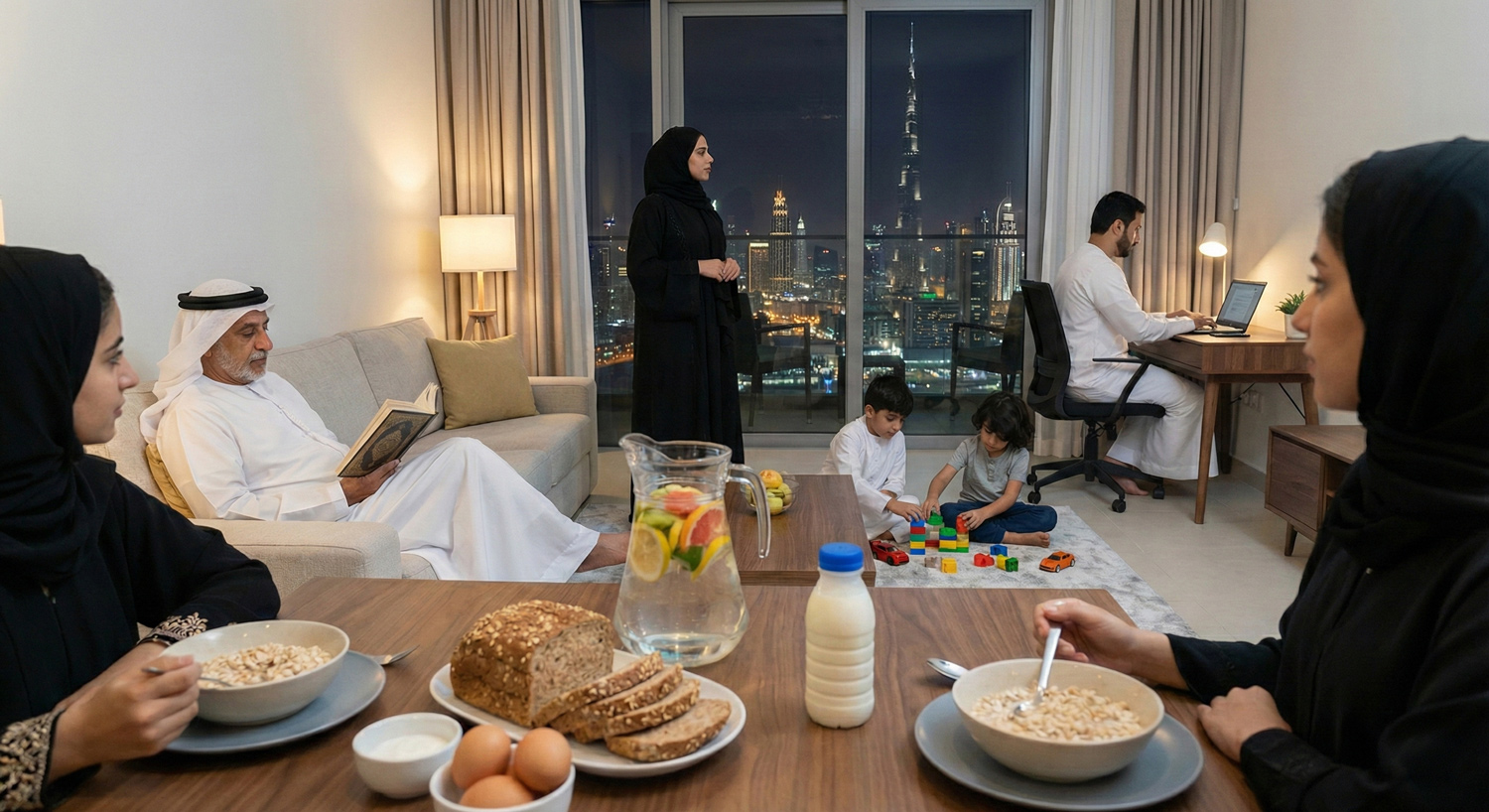 Middle Eastern family sharing a meal at a table with grilled chicken, salad, soup, fruit, dates, and bread, during sunset