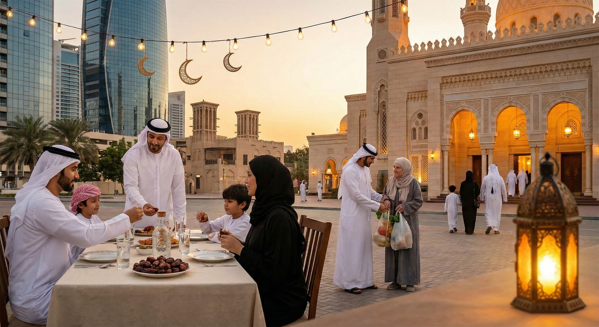 Middle Eastern family sharing a meal at a table with grilled chicken, salad, soup, fruit, dates, and bread, during sunset