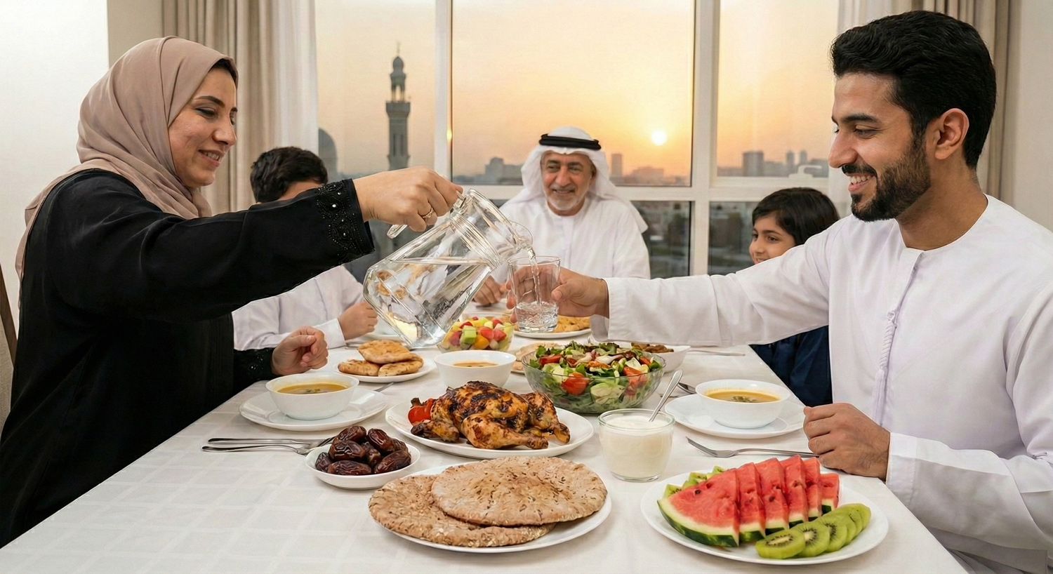 عائلة من الشرق الأوسط تتشارك وجبة على طاولة تضم دجاجًا مشويًا وسلطة وحساءً وفاكهةً وتمورًا وخبزًا، وقت الغروب.