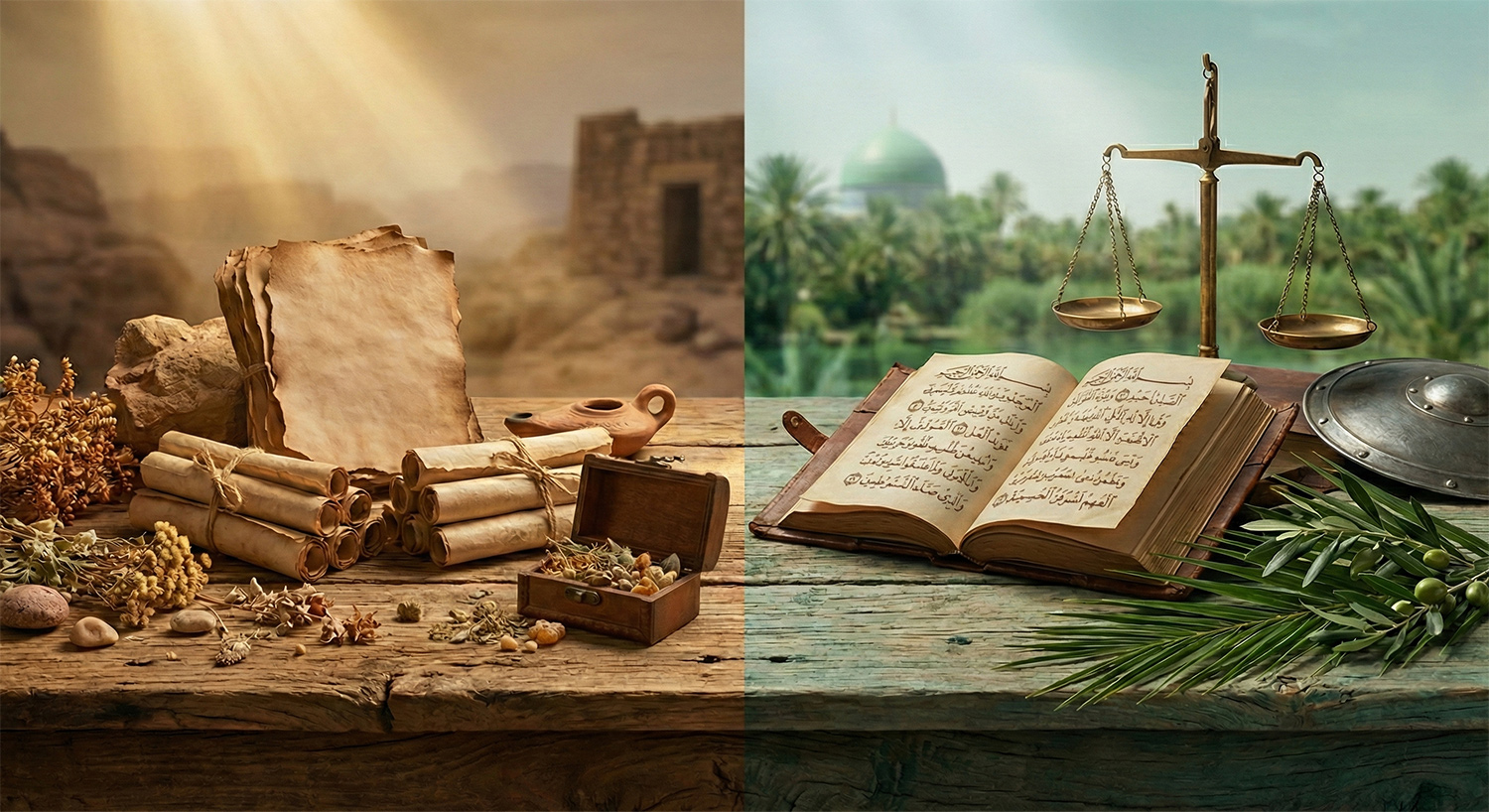 Split image showing ancient scrolls, dried herbs, and an oil lamp on a rustic table on the left, and an open Arabic manuscript with balance scales, palm leaves, and a shield on the right.