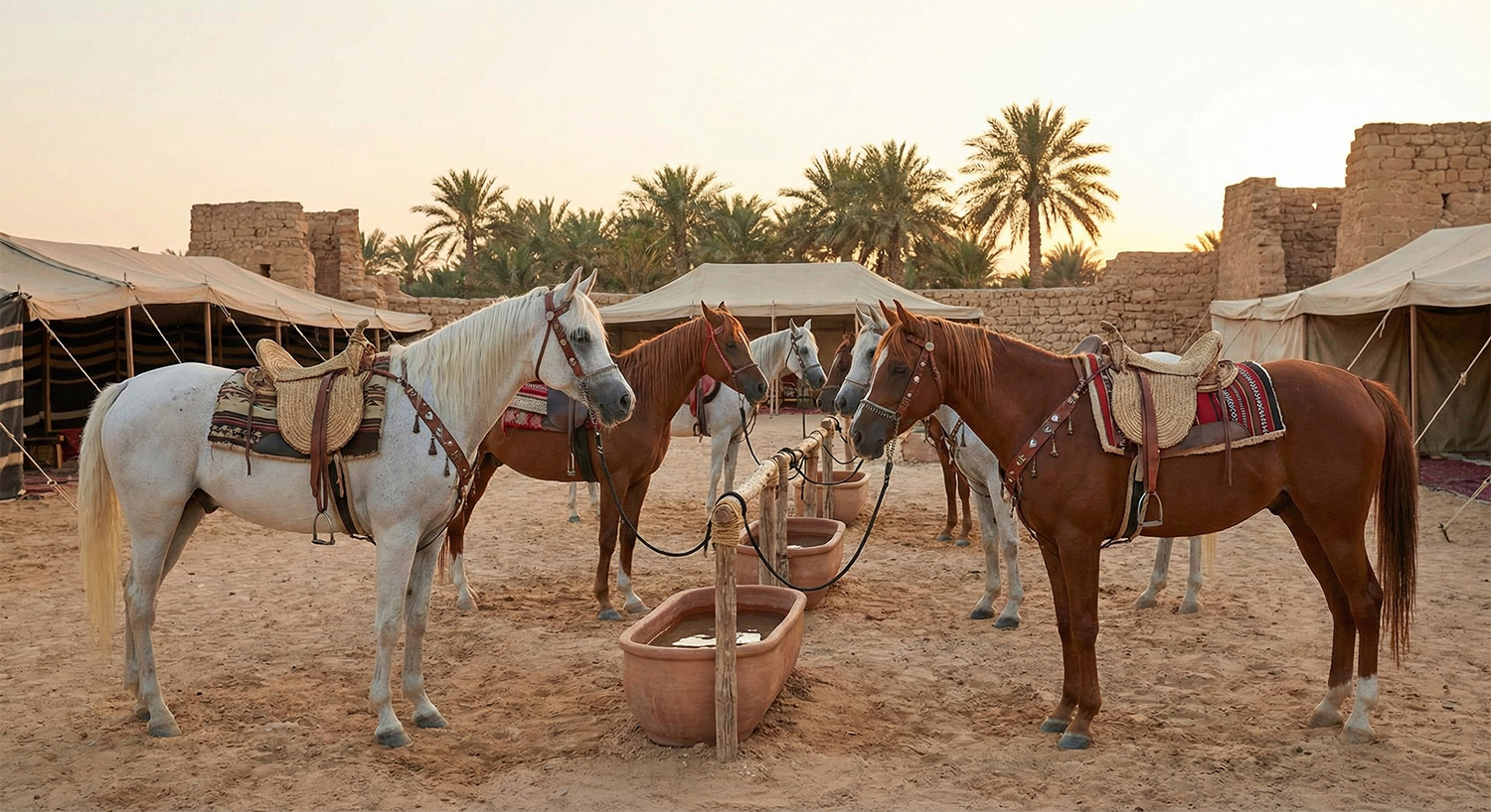 عائلة من الشرق الأوسط تتشارك وجبة على طاولة تضم دجاجًا مشويًا وسلطة وحساءً وفاكهةً وتمورًا وخبزًا، وقت الغروب.